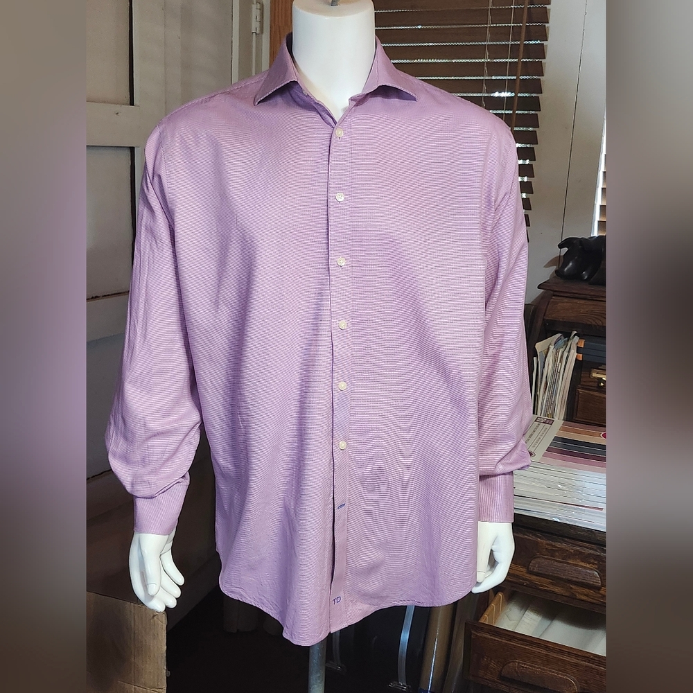 Thomas Dean Micro-Checkered Long Sleeve Button-Up Dress Shirt In Mens Size 17L